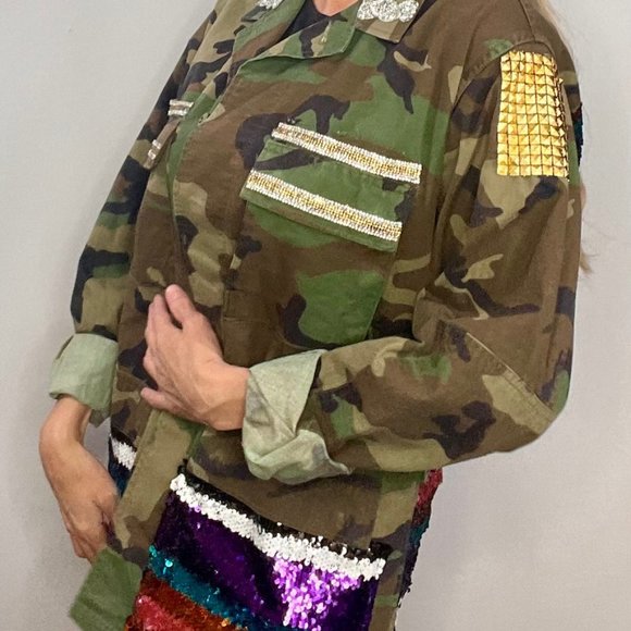 One of a Kind Camo Sequin Embellished Army Jacket by Hi Gorgeous S/M/L - Picture 2 of 4